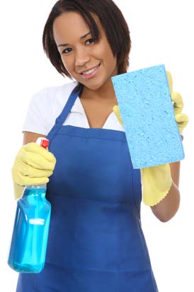 carpet cleaner woman with spray and sponge